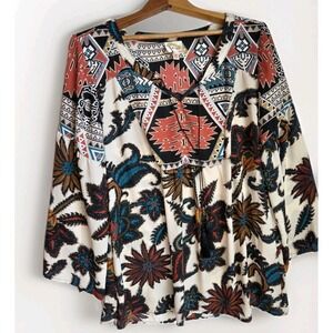 Anthropologie Fig Flower Shirt Womens Med‎ Ivory Colorful Aztec Flower Boho Top